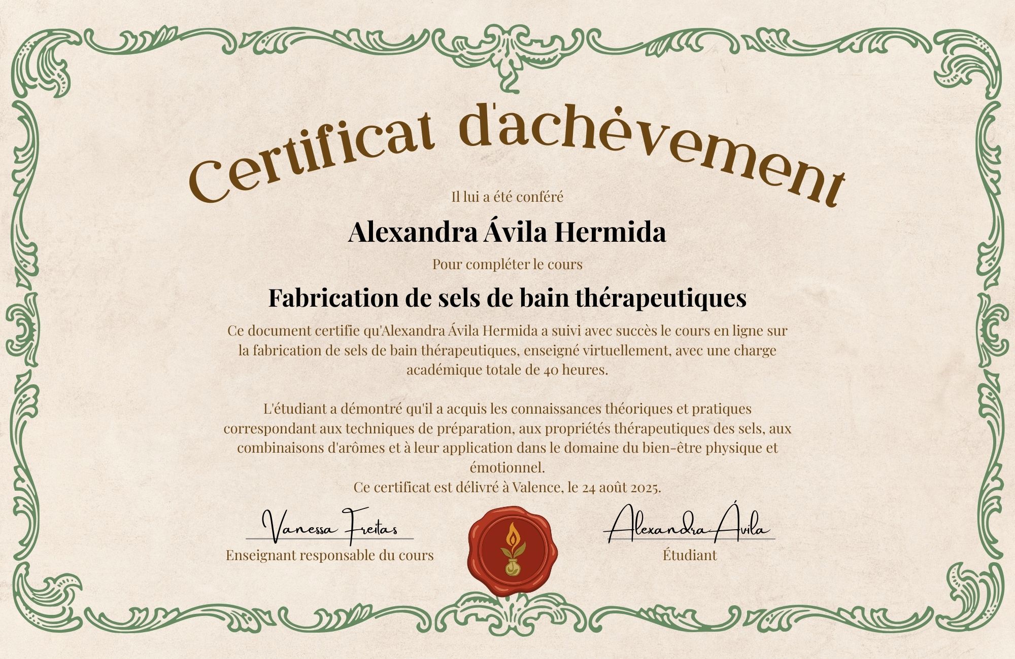 Certificat de fin de cours encadré à côté de bougies